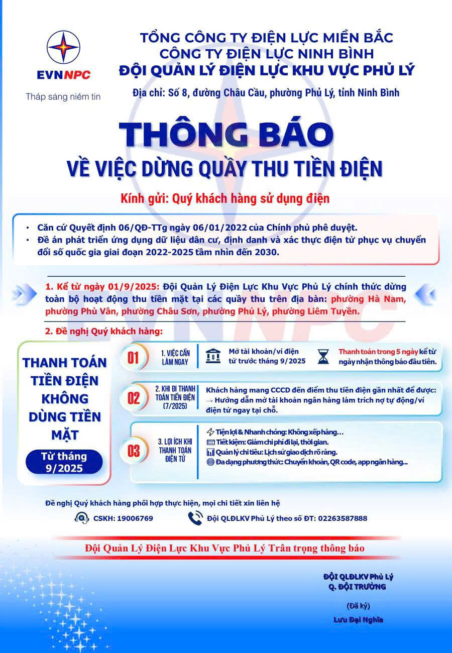 Thông báo về việc dừng quầy thu tiền điện